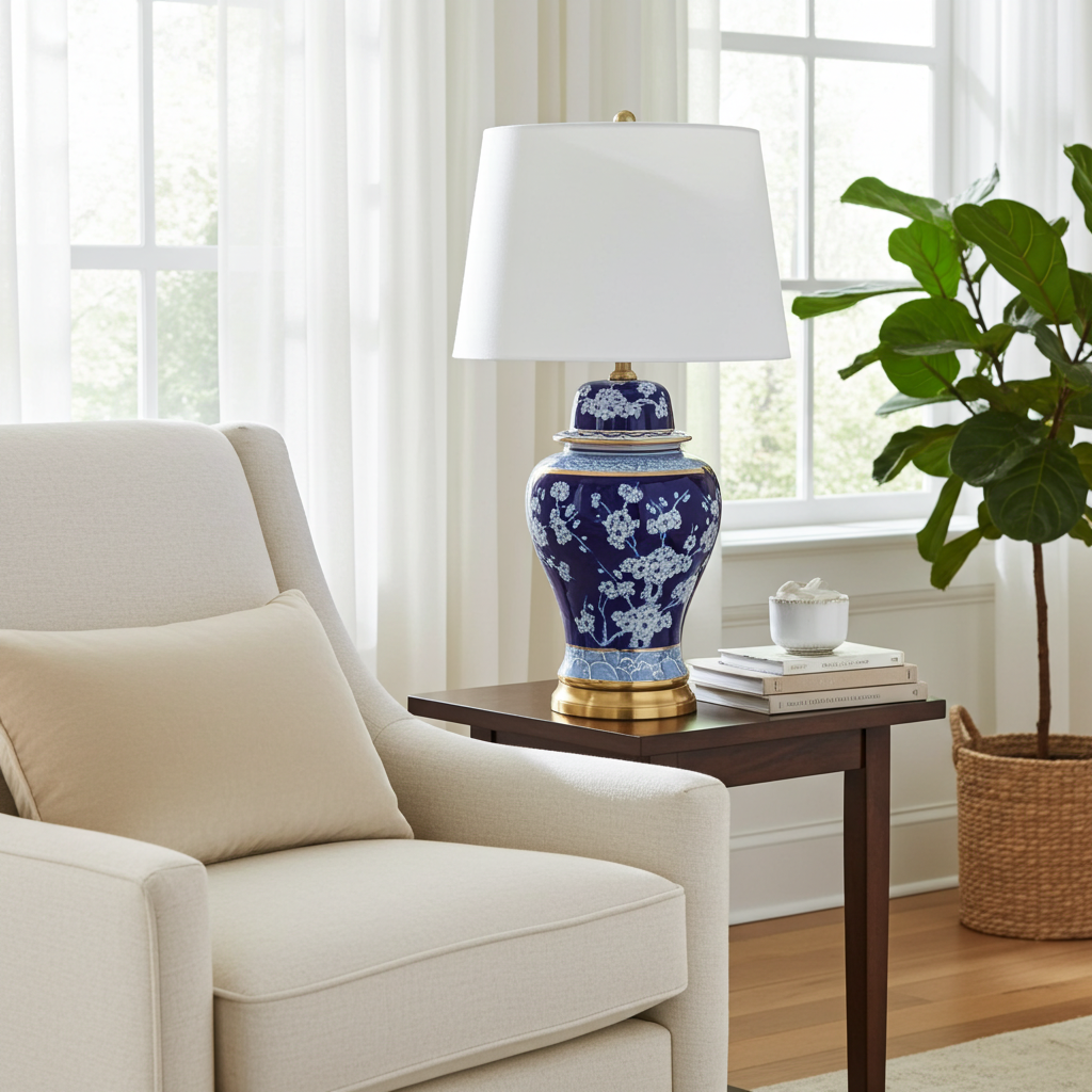 Table Lamp - Blue &amp; Gold Blossoms 78cm