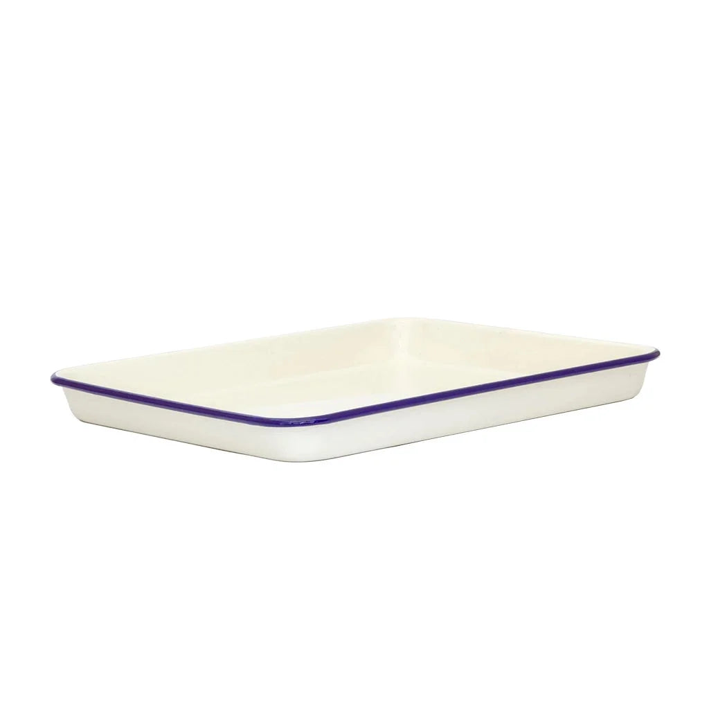 Baking Tray - Enamel Cream &amp; Blue Rim Rectangular 31cm -