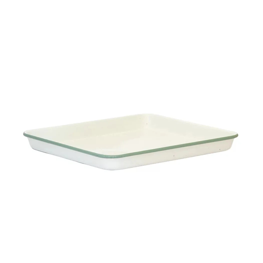 Baking Tray - Enamel Cream &amp; Green Rim Rectangular 31cm -