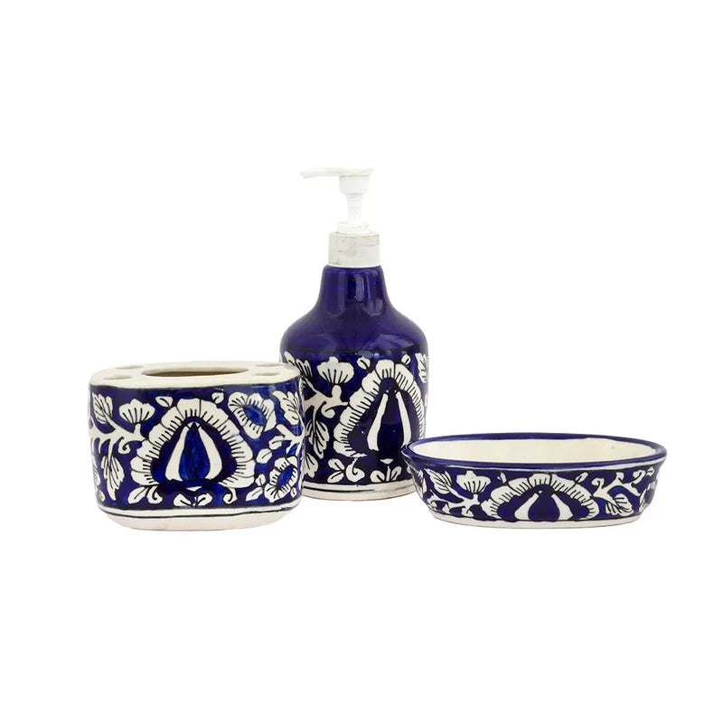 Bathroom Set - Ceramic Blue Flower 3 Piece - Ceramic