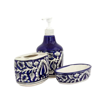 Bathroom Set - Ceramic Blue Flower 3 Piece - Ceramic