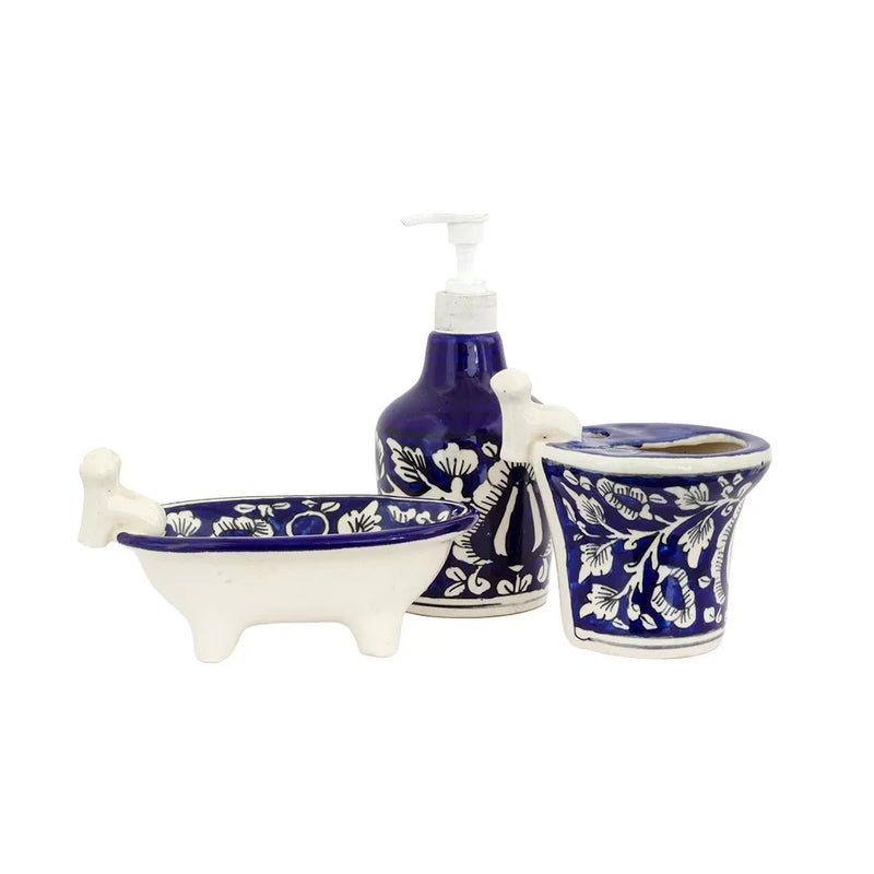 Bathroom Set - Ceramic Blue Flower 3 Piece No.2 - Ceramic