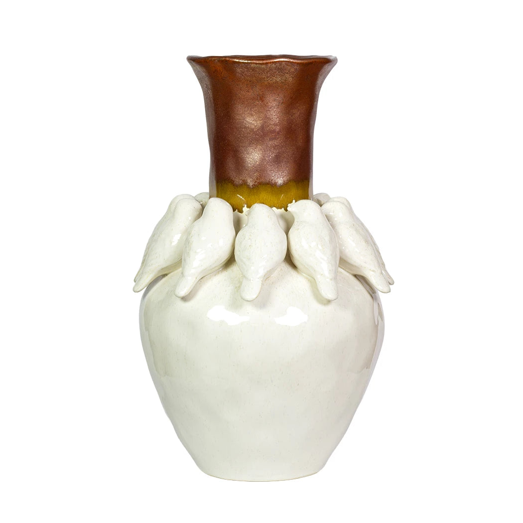Ceramic Vase - Birds Cream &amp; Brown