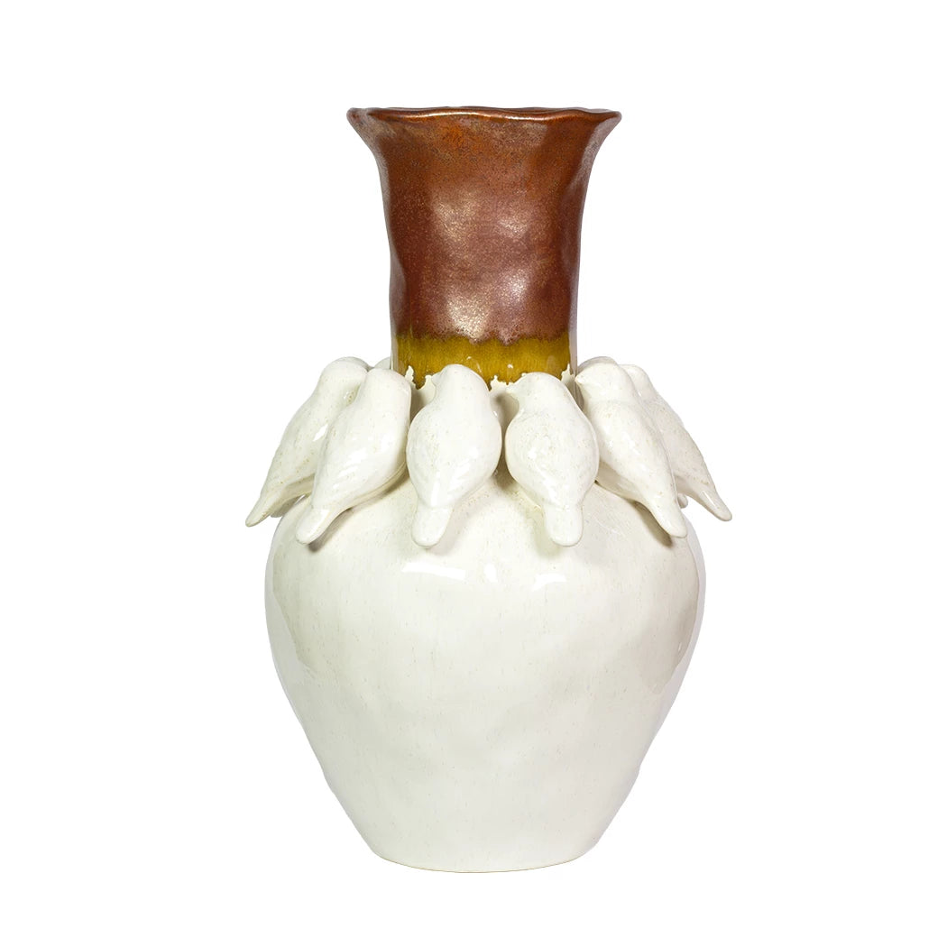 Ceramic Vase - Birds Cream &amp; Brown
