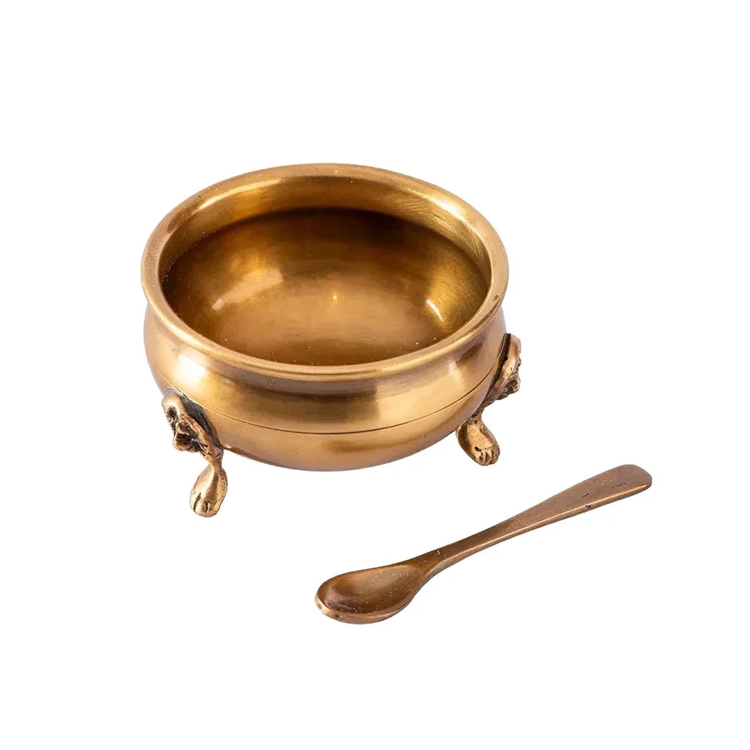 Bowl and Spoon Set - Small on Feet Brass - Pewter