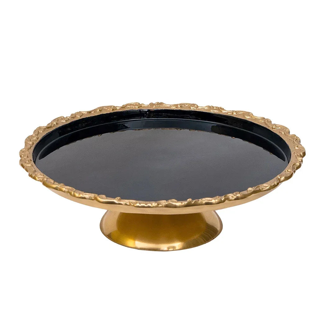 Cake Stand - Brass &amp; Enamel Black 35cm - Pewter