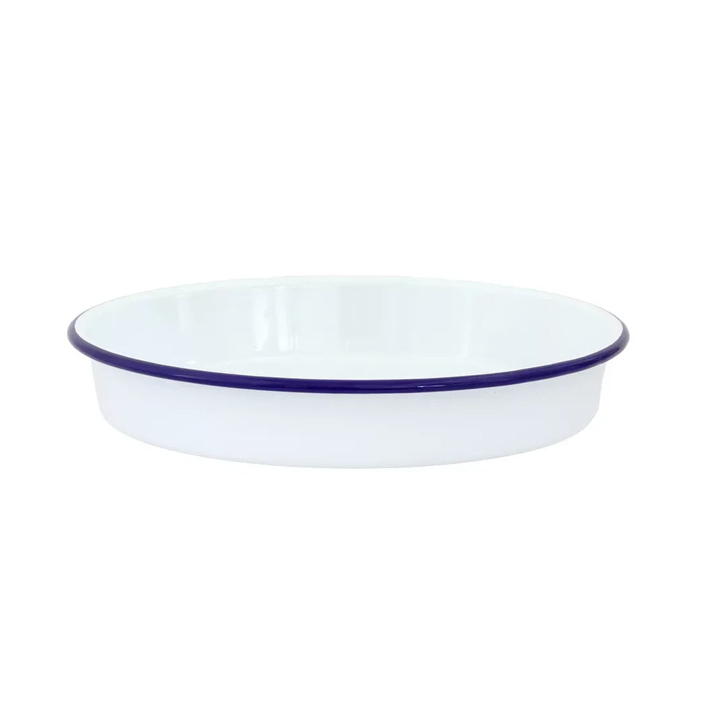 Cake Tin Enamel White Blue Rim 24cm
