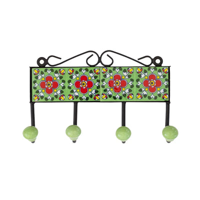 Ceramic Hook - 4 Hook Tiles Light Green & Red - Ceramic