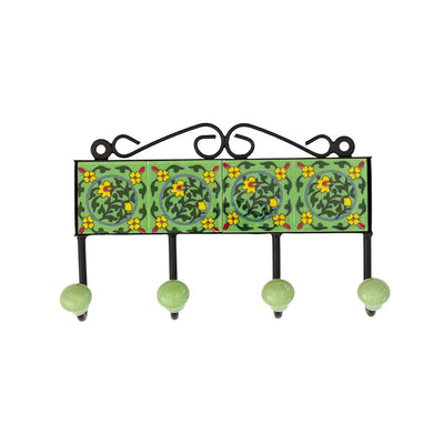 Ceramic Hook - 4 Hook Tiles Light Green Yellow Flowers