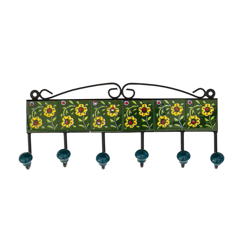 Ceramic Hook - 6 Hook Tiles Green Yellow Flowers - Ceramic