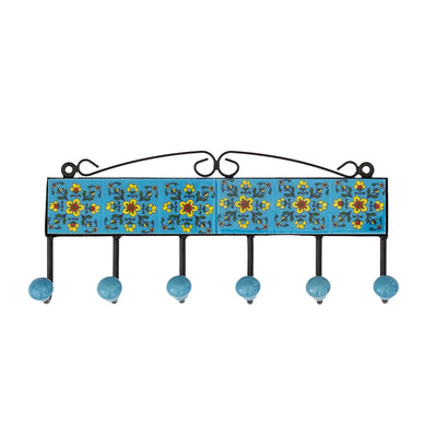 Ceramic Hook - 6 Hook Tiles Light Blue & Yellow - Ceramic