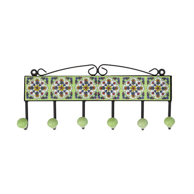 Ceramic Hook - 6 Hook Tiles Light Green Floral - Ceramic