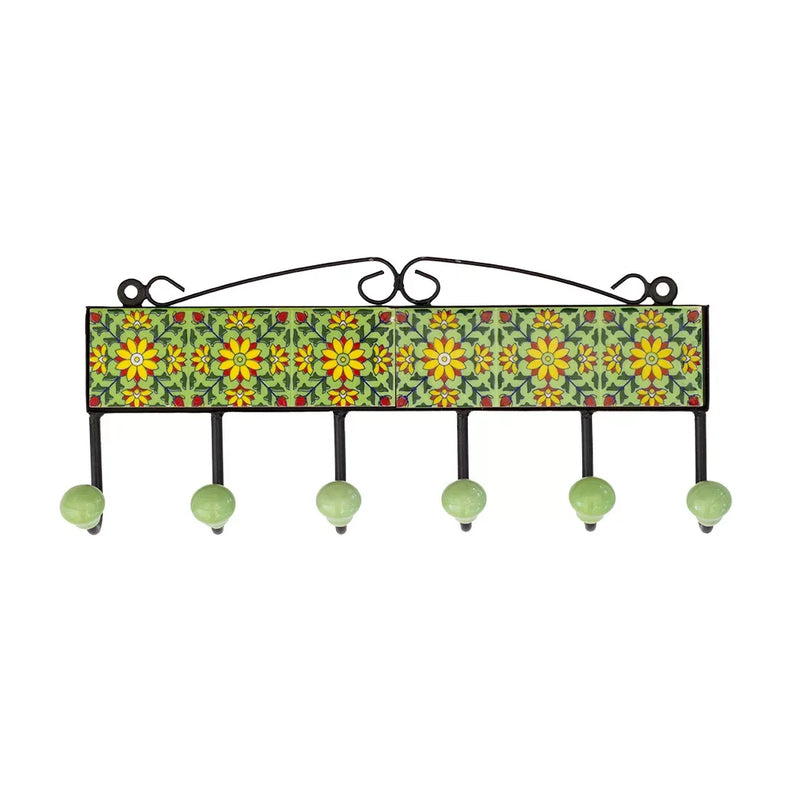 Ceramic Hook - 6 Hook Tiles Light Green Yellow Flowers