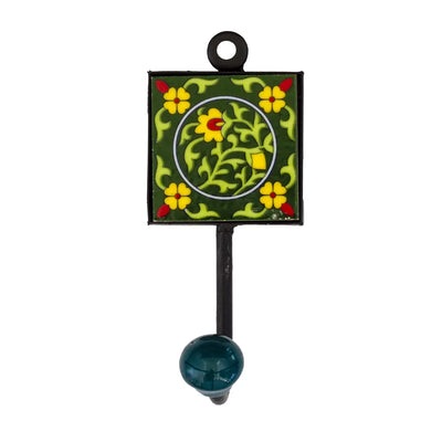 Ceramic Hook - Single Green Yellow Flowers - Ceramic