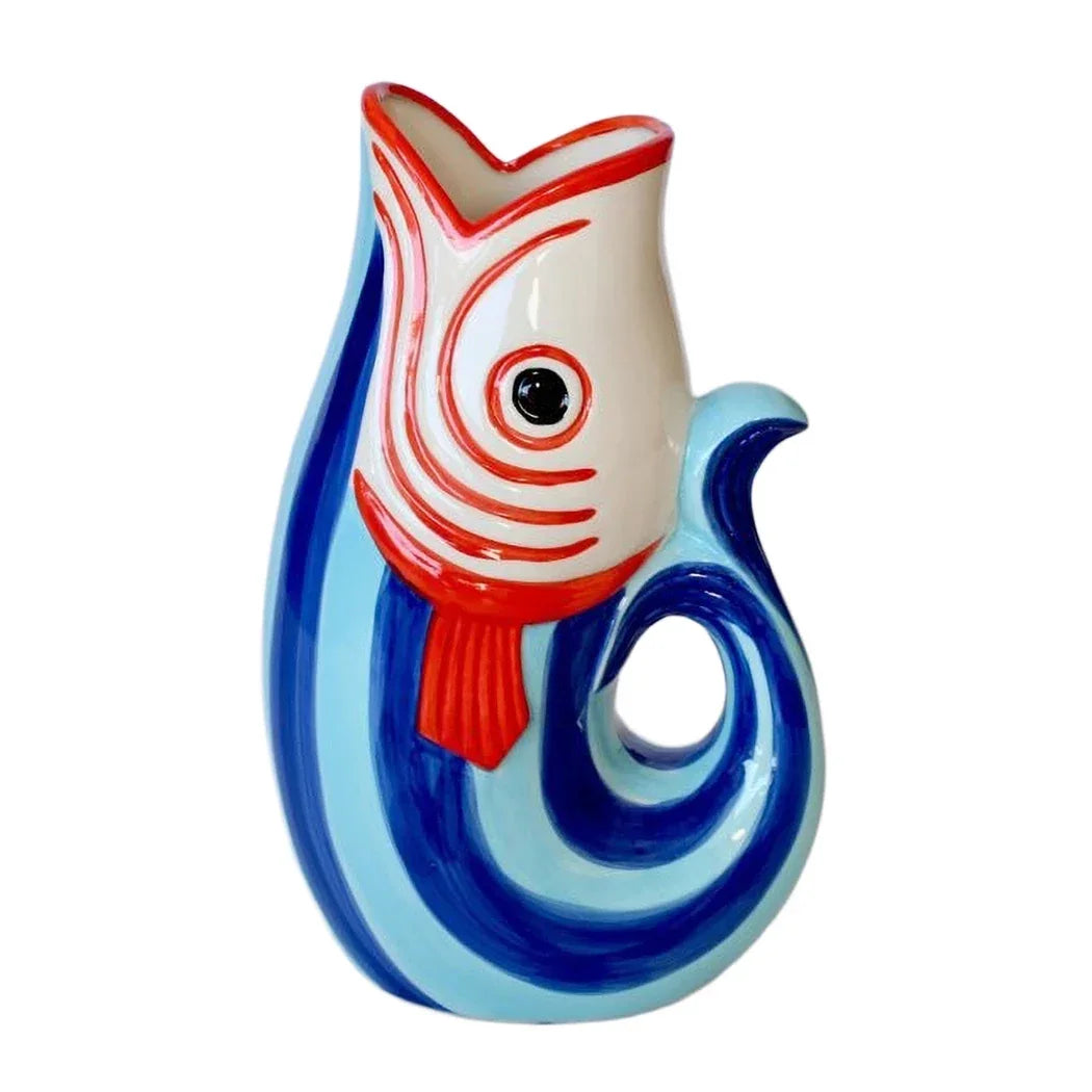 Ceramic Jug - Stripy Blues & Red Fishy 32cm - Ceramic