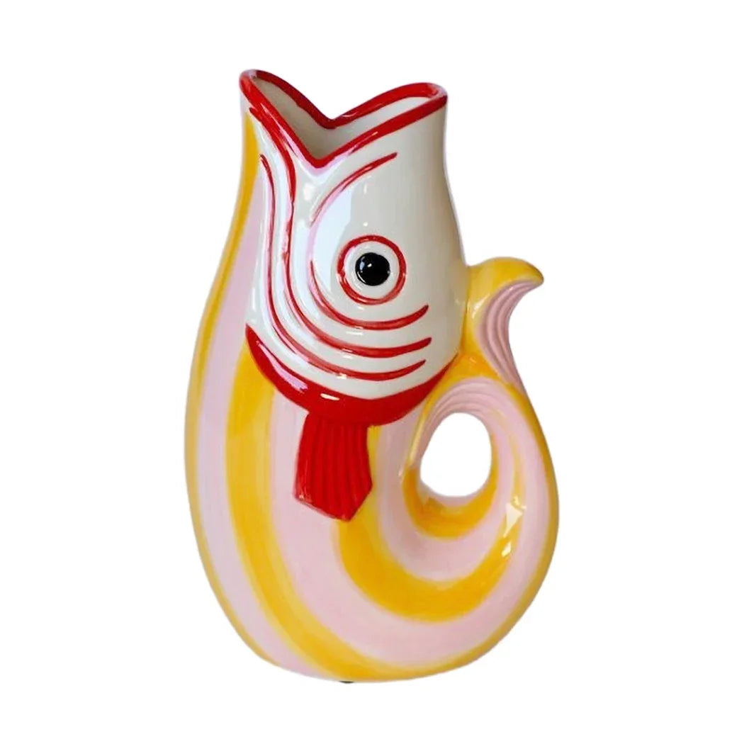 Ceramic Jug - Stripy Pink Yellow &amp; Red Fishy 32cm - Ceramic