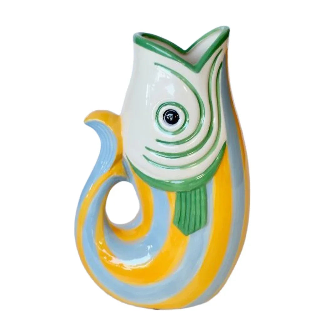 Ceramic Jug - Stripy Yellow Blue Green Fishy 32cm - Ceramic
