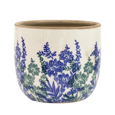 Ceramic Planter - Blue & Green Flowers 13.5cm - Ceramic