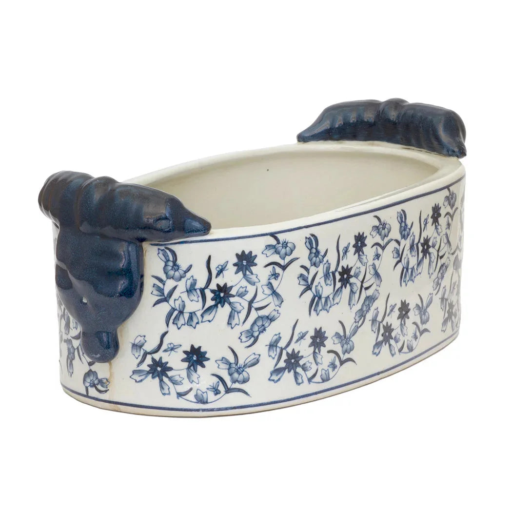 Ceramic Planter - Blue &amp; White Flowers Oblong - Ceramic