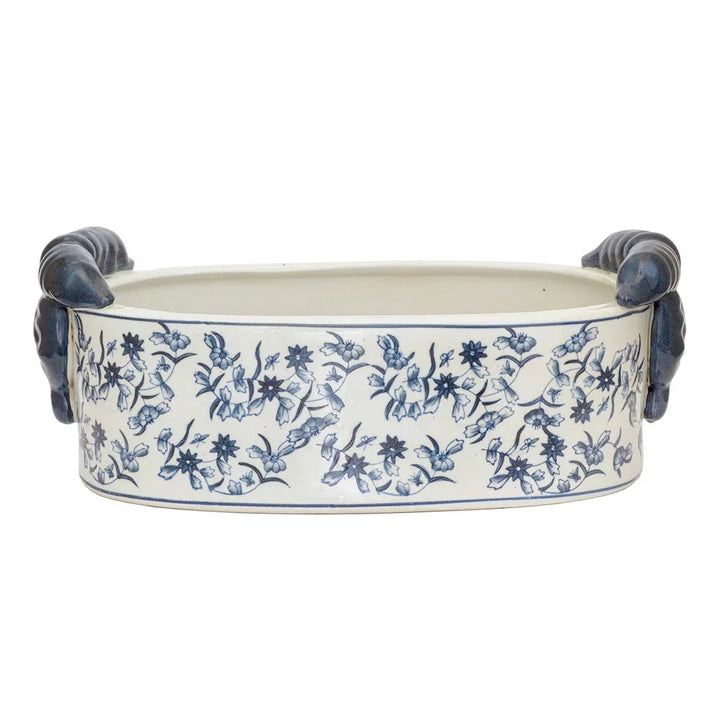 Ceramic Planter - Blue &amp; White Flowers Oblong - Ceramic
