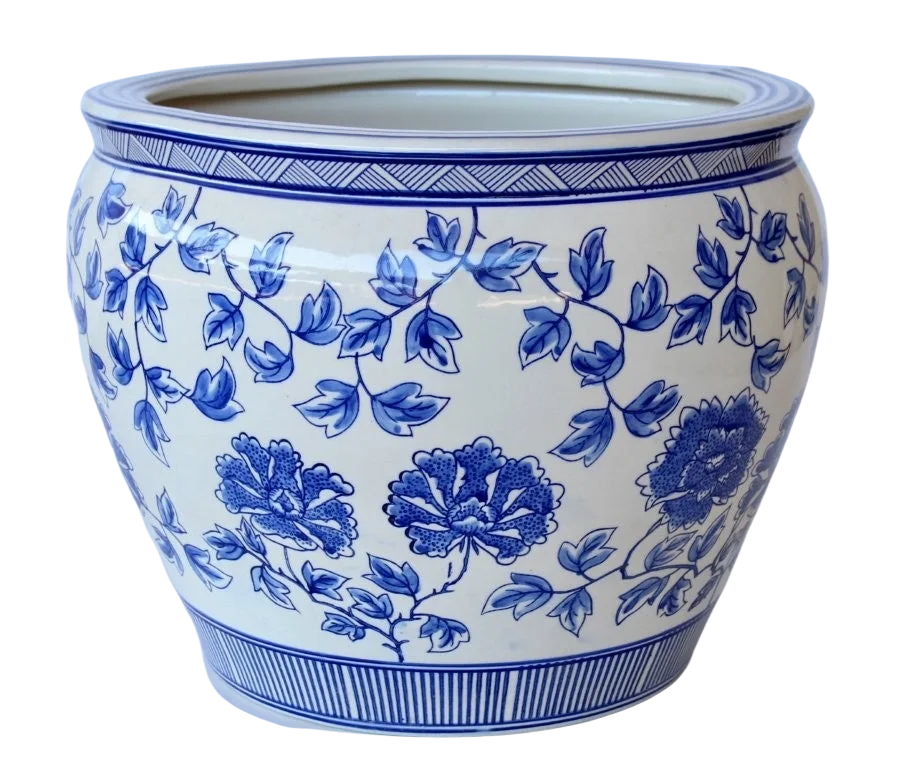 Ceramic Planter - Blue &amp; White Flowers &amp; Vines XL - Ceramic