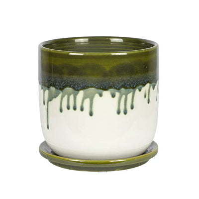 Ceramic Planter - Green Drip with Base - Ceramic
