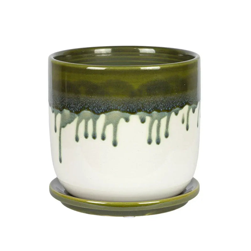 Ceramic Planter - Green Drip with Base - Ceramic