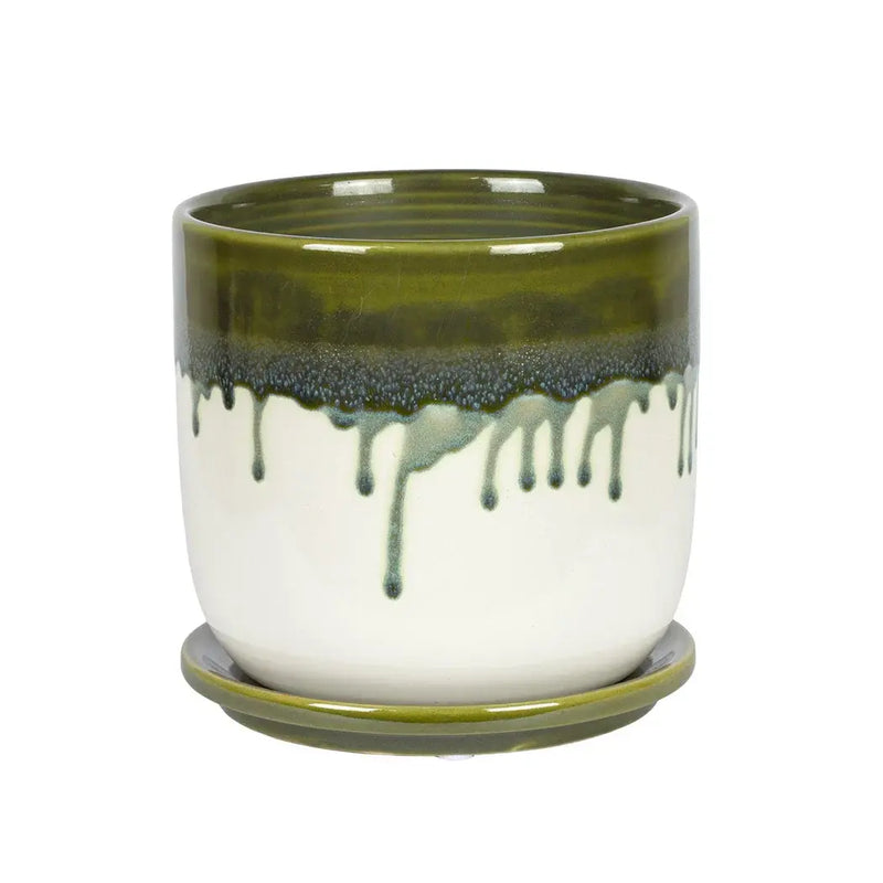 Ceramic Planter - Green Drip with Base - Ceramic