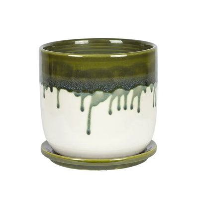 Ceramic Planter - Green Drip with Base - Ceramic