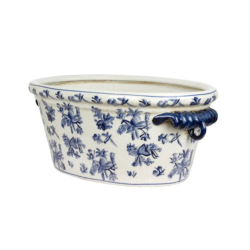 Ceramic Planter Tub - Blue & White Floral Large - Ceramic