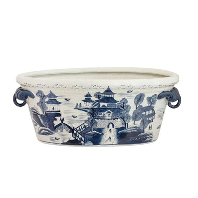 Ceramic Planter Tub - Blue & White Oriental Large - Ceramic