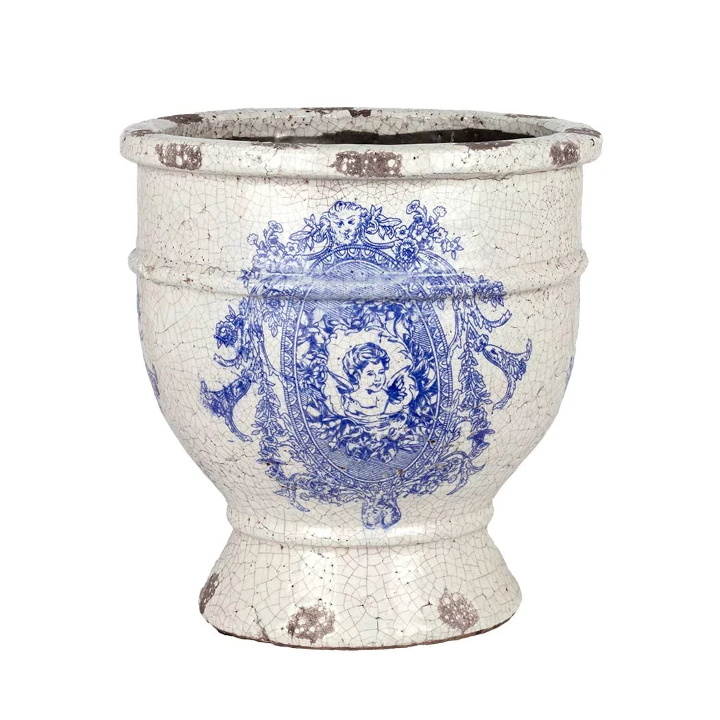 Ceramic Urn - Blue &amp; White Vintaged 28.5cm - Ceramic