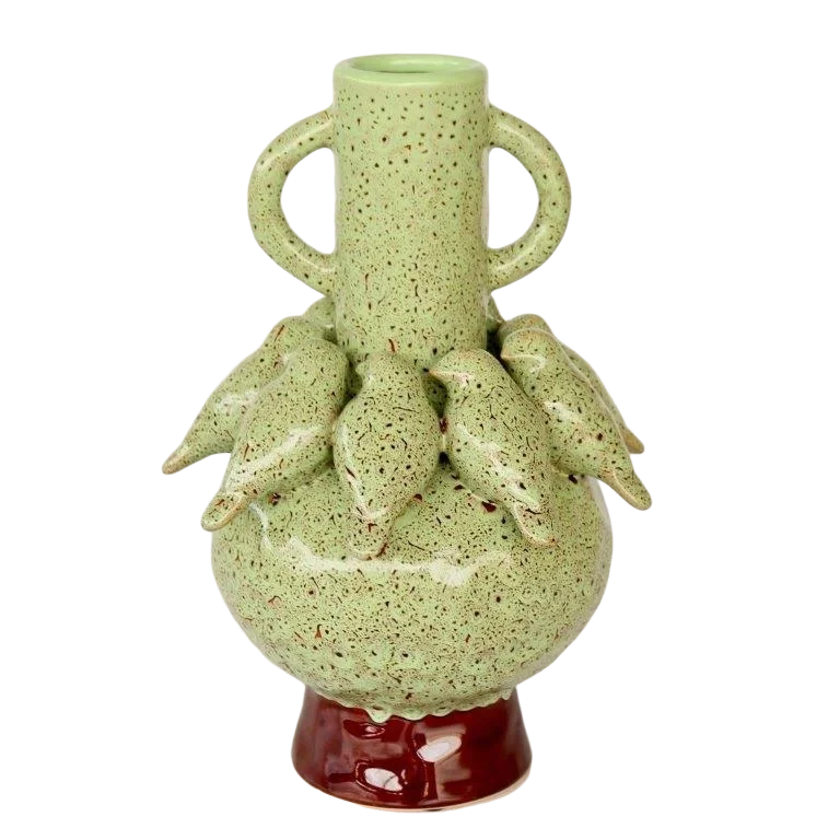 Ceramic Vase - Birds Speckled Green &amp; Brown - Ceramic