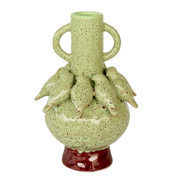 Ceramic Vase - Birds Speckled Green &amp; Brown - Ceramic