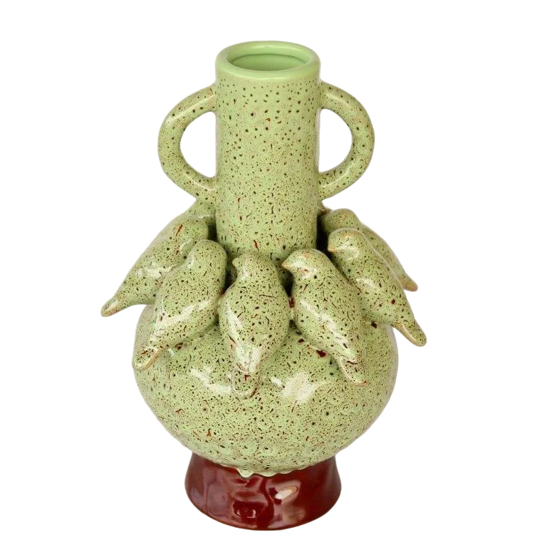 Ceramic Vase - Birds Speckled Green & Brown - Ceramic