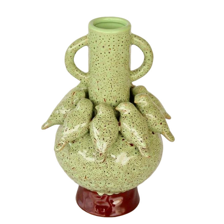Ceramic Vase - Birds Speckled Green &amp; Brown - Ceramic