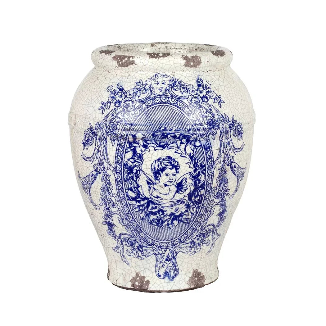 Ceramic Vase - Blue &amp; White Vintaged 30cm - Ceramic