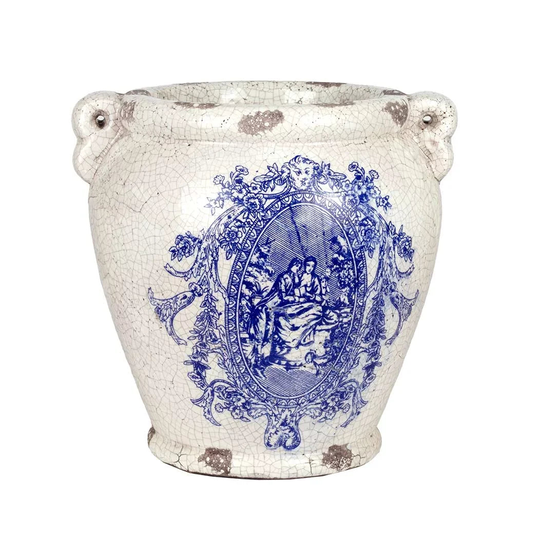Ceramic Vase - Blue &amp; White Vintaged Handled 24.5cm
