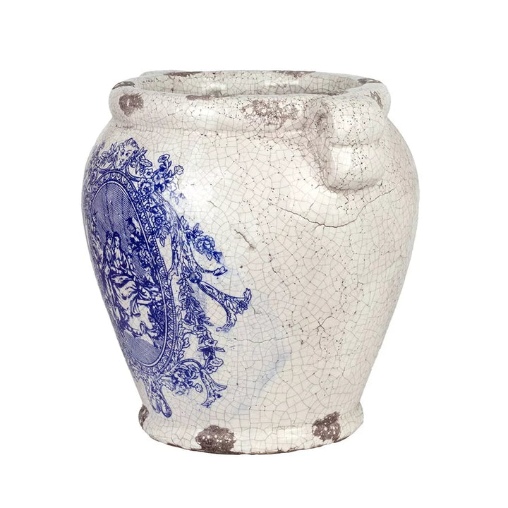 Ceramic Vase - Blue &amp; White Vintaged Handled 24.5cm