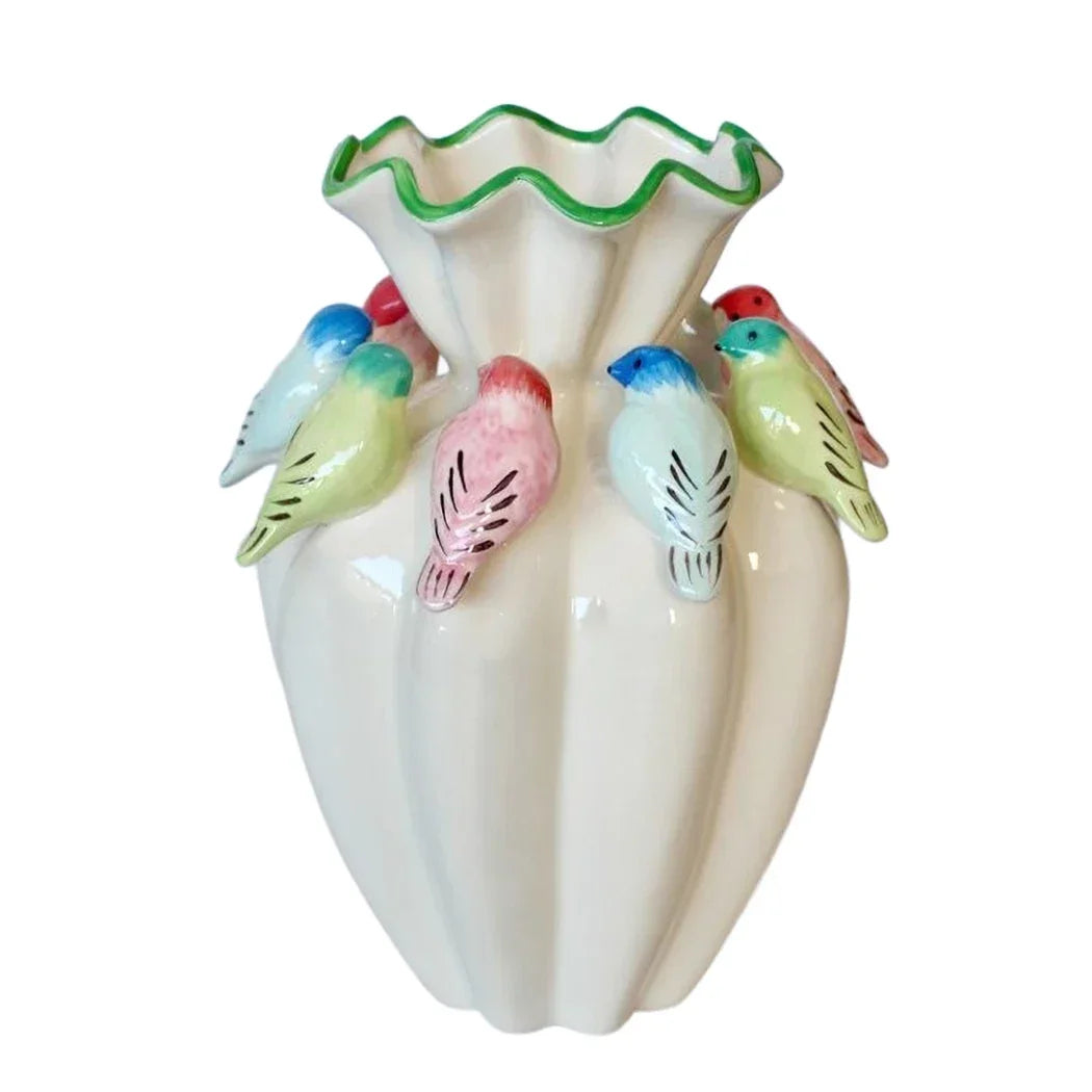 Ceramic Vase - Fluted Flock of Colourful Birds 37cm