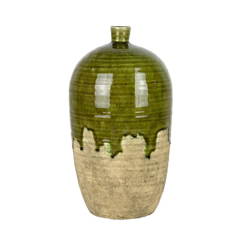 Ceramic Vase - Green & Beige Bottle 36cm - Ceramic