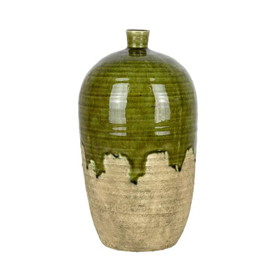Ceramic Vase - Green & Beige Bottle 36cm - Ceramic