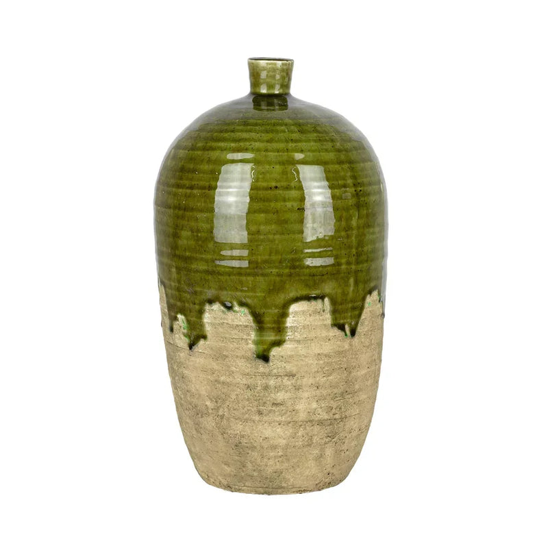 Ceramic Vase - Green & Beige Bottle 36cm - Ceramic