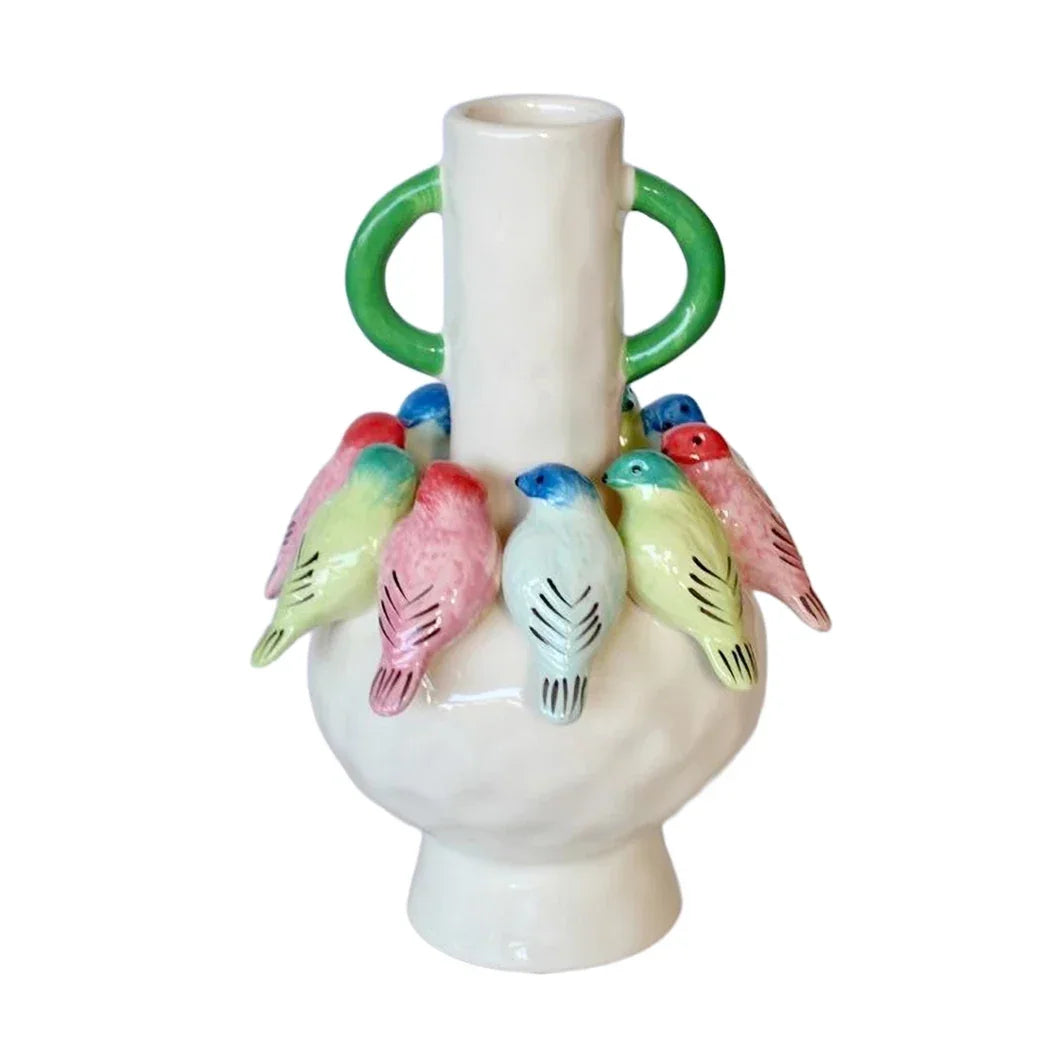 Ceramic Vase - Handled Flock of Colourful Birds 35cm