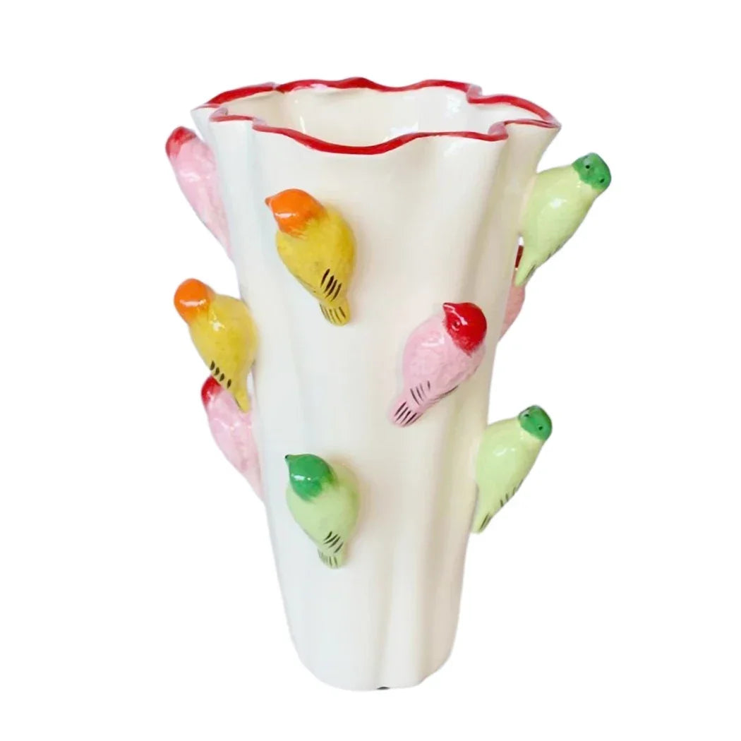 Ceramic Vase - Scalloped Flock of Colourful Birds 40cm