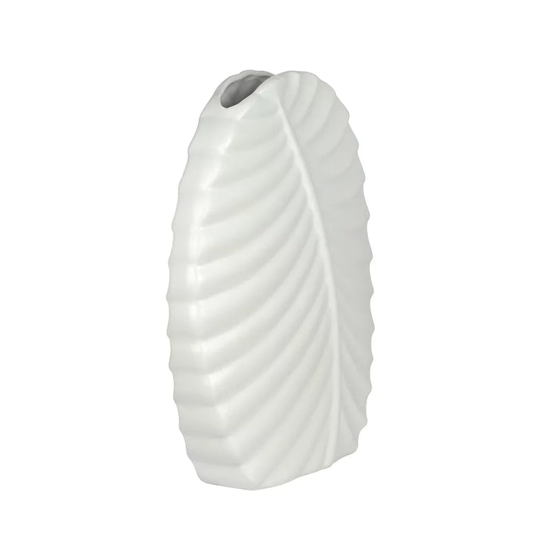 Ceramic Vase - White Leaf Flat 30cm - Ceramic