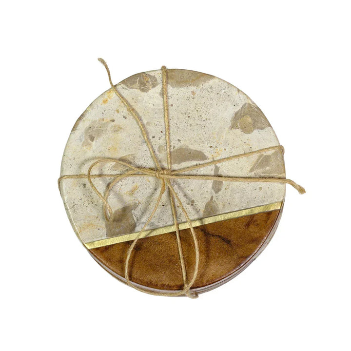 Coaster Set of 4 - Marble &amp; Brass - Pewter