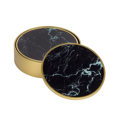 Coaster Set of 6 - Black Marble Round - Pewter