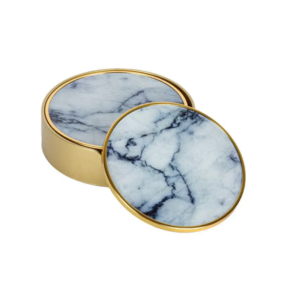 Coaster Set of 6 - White Marble Round - Pewter