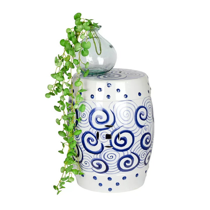 Garden Stool - Blue &amp; White Swirls - Ceramic